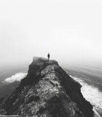 Man standing alone on a cliff overlooking a foggy sea