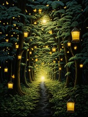 Lanterns Along Forest Path Evolve into Butterflies