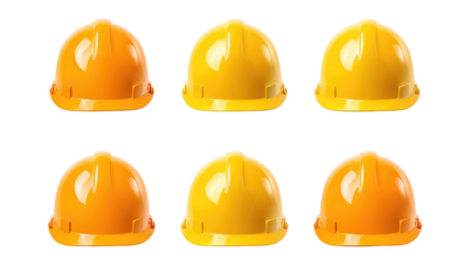 set of fireman and hard safety helmet cap hat in different color styles for construction sites, isolated on a white transparent background