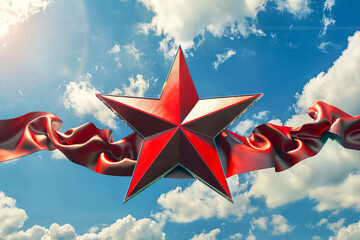 A red star with ribbons in the sky. - Powered by Adobe