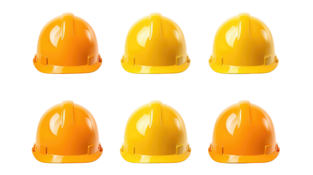 set of fireman and hard safety helmet cap hat in different color styles for construction sites, isolated on a white transparent background