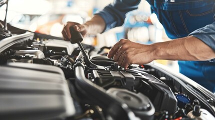 Auto mechanic working on car engine