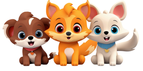 set of 3 cartoon animal toys characters isolated on a transparent background