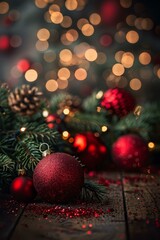 Obraz premium Red and green Christmas ornaments on a wooden table