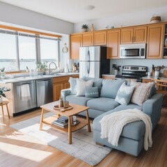 Fototapeta premium A beautiful living room with a large couch and a view of the water