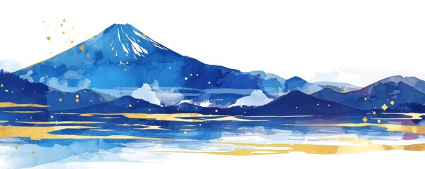 A simple illustration of Mount Fuji and the ocean in blue, with a white background and gold lines. Digital art in the traditional Japanese style, with simple graphic design and watercolor.