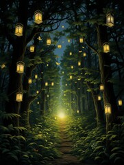 Lanterns Lead Through Forest Amidst Butterflies