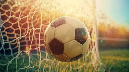 Vintage photo of a soccer ball hitting the back of a net with the sun in the background