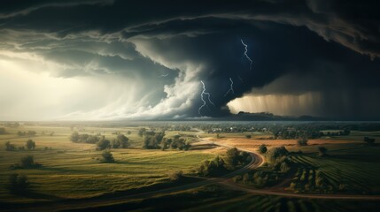 Stormy clouds over rural landscape and thunderstorm