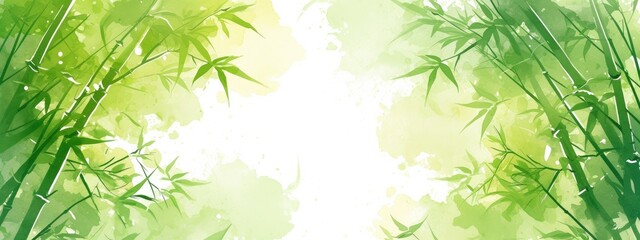 Obraz premium Abstract background with bamboo, green and yellow colors, Chinese art, green bamboo leaves, blurred light green landscape in the foreground, ink painting style, watercolor