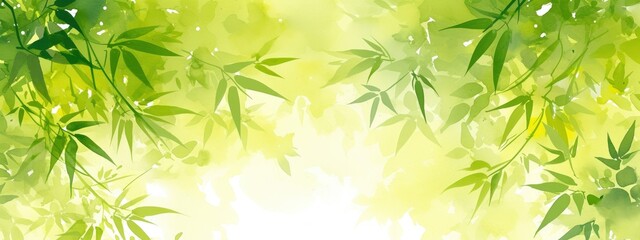 Obraz premium Abstract background with bamboo, green and yellow colors, Chinese art, green bamboo leaves, blurred light green landscape in the foreground, ink painting style, watercolor