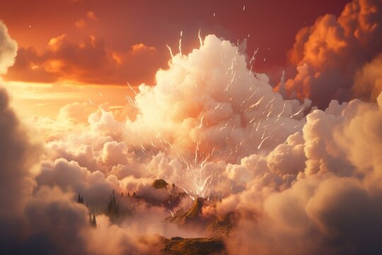 Fantasy landscape with a volcano erupting in the distance