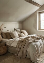 A cozy bedroom with a neutral color palette