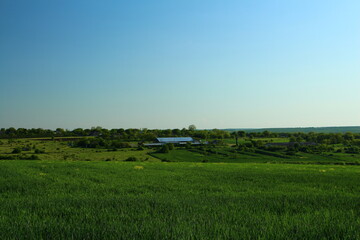 A large green field with white letters