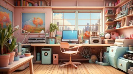 A Home Office Setup with a Large Window