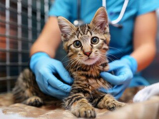 Naklejka premium A veterinarian examines a tabby kitten