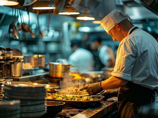 Professional chef cooking in a commercial kitchen