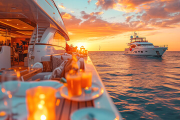 Luxury yacht with setting sun reflecting on water