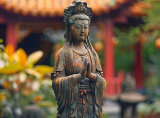 A statue of a Buddhist bodhisattva with hands clasped in prayer