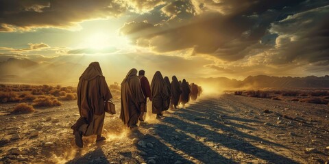 A group of people walking through a desert landscape.