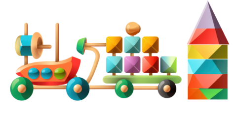 set of 3 colorful classic toddler or baby toys of car wheels, xylophone and geometric cubes isolated on a transparent background