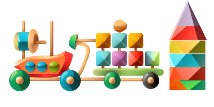 set of 3 colorful classic toddler or baby toys of car wheels, xylophone and geometric cubes isolated on a transparent background
