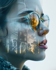 Portrait of a woman with glasses and a forest in the background