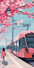 Obraz premium A pink tram passing through a cherry blossom forest