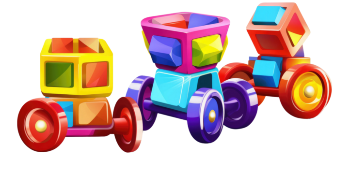 set of 3 colorful classic toddler or baby toys of car wheels, xylophone and geometric cubes isolated on a transparent background