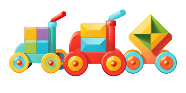 set of 3 colorful classic toddler or baby toys of car wheels, xylophone and geometric cubes isolated on a transparent background