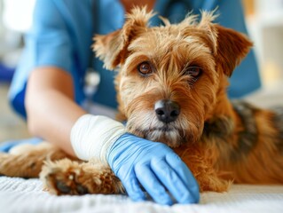 Close up of a veterinarian comforting a dog with a bandaged paw