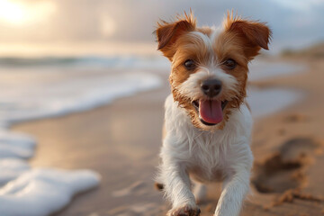 Happy dog enjoying the beach at summer