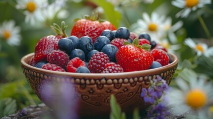 A bowl of blueberries, raspberries, and strawberries with a blurred background of flowers.