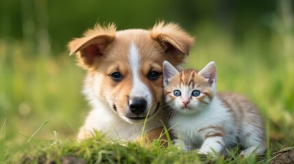 A cute puppy and a kitten are lying in the grass