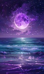 Full purple moon with glittering stars  over the ocean.