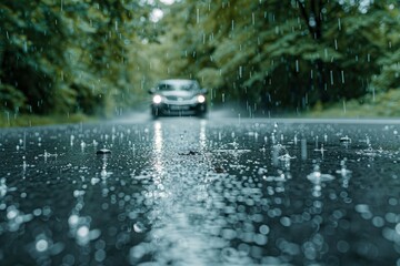Rainy weather, the road surface covered with water droplets, a blurred car driving passing blurry background