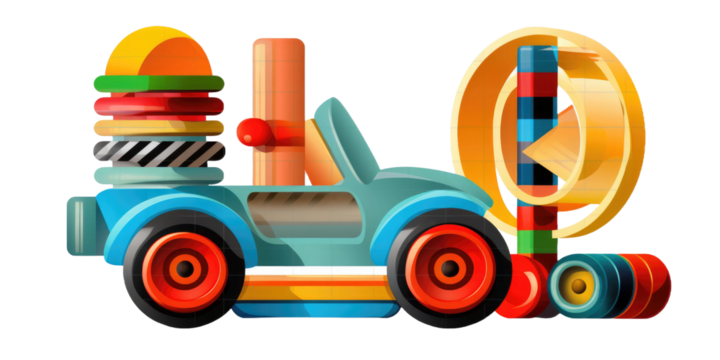 set of 3 colorful classic toddler or baby toys of car wheels, xylophone and geometric cubes isolated on a transparent background