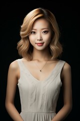 Fototapeta premium A beautiful Asian woman with blonde hair and a white dress is smiling at the camera.