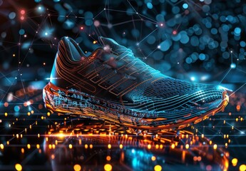 "In the future, hologram sneakers merge with sports for fitness, running, and speed, tracking health outdoors. Graphics depict workout balance in routine, training for marathon wellness."