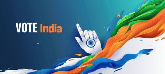 A hand with an inked finger, the Indian flag colors wave in the background with the text VOTE India