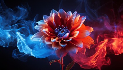 a colorful flower blooming in the dark with red and blue flames swirling around it generative ai