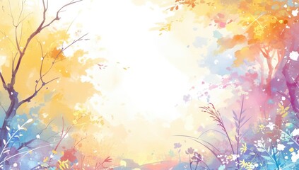 Watercolor background with two trees on the sides, white space in between and a colorful gradient of pastel colors
