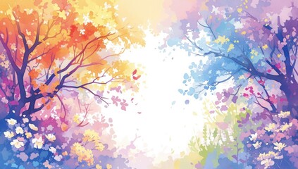 Watercolor background with two trees on the sides, white space in between and a colorful gradient of pastel colors