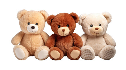 set of 3 stuffed animal toys isolated on a transparent background 