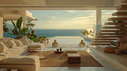 Fototapeta premium Modern minimalist villa with infinity pool and amazing sea view