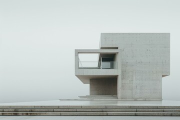 Balcony of a modern concrete building with steps leading up to it
