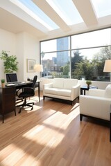 Fototapeta premium A modern office with a large window and a skylight