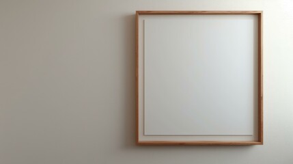 An empty wooden frame hanging on a beige wall