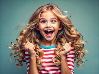 The cute girl is happy. Catalogue of emotions. Great joy, happiness, euphoria.
