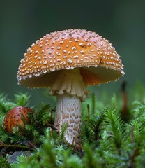 Fototapeta premium A large orange mushroom with white spots on its cap
